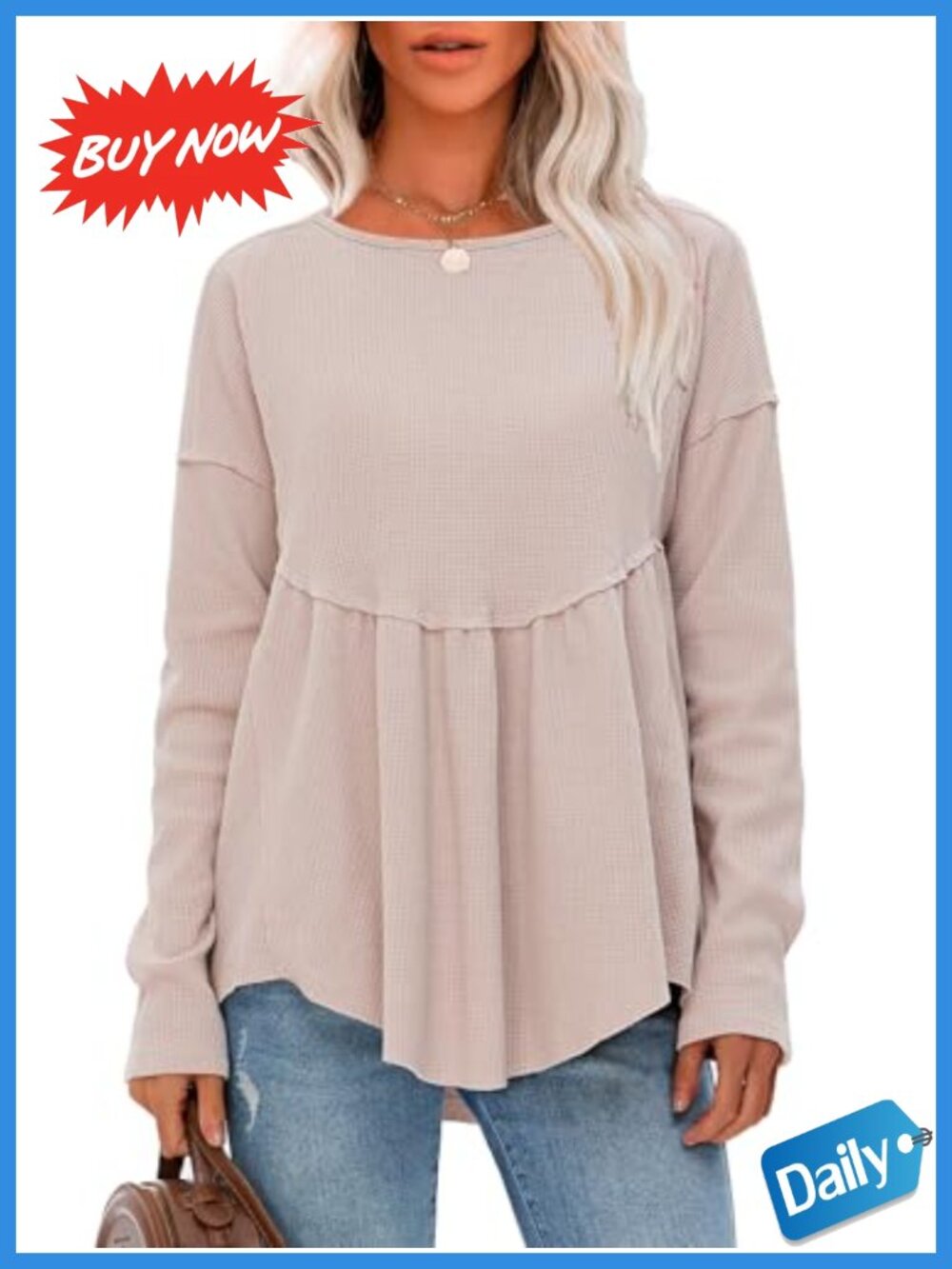 Waffle Knit Long Sleeve Tunic Top Crewneck Loose Babydoll Maternity
